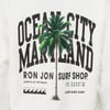 A sweatshirt with a graphic of a palm tree and the text Ocean City Maryland, Ron Jon Surf Shop, Always at the Beach, Vintage Surf, and coordinates printed on it.