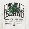 Graphic of a palm tree with Long Beach Island Ron Jon Surf Shop text, wave icon, coordinates, and the phrase Always at the Beach Vintage Surf on a white background.