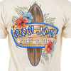 Back of a yellow T-shirt featuring the Ron Jon Surf Shop logo with a surfboard and colorful flowers, including hibiscus and other tropical blooms. Text below reads Orange Beach.