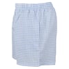 Light blue and white gingham-patterned shorts with an elastic waistband and side pockets, displayed against a plain white background.