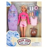 Doll set in box includes a doll in pink outfit, surfboard, pink vest, beach ball, and accessories, with Ron Jon Surf Shop branding.