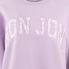 A lavender sweatshirt with the letters RON JON in bold, patterned, and outlined in a shade of white.