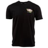 Black short-sleeve t-shirt with a small Ron Jon Surf Shop logo and text on the left chest area.