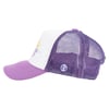 Purple and white mesh trucker hat with a curved brim and a colorful graphic on the front.