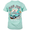 Teal t-shirt with a graphic of a car, palm trees, waves, and a surfboard. Text reads Ron Jon Surf Shop, Cocoa Beach, FLA.