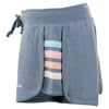 Blue women's shorts with rainbow-colored stripes on the back and a drawstring on the side.