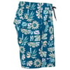 Blue floral-patterned swim trunks with an elastic waistband, side pocket with flap, drawstring, and multiple shades of blue, green, and beige in the design.