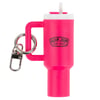 A pink-colored keychain shaped like a tumbler with a handle, featuring the Ron Jon Surf Shop logo and a metal keyring with a clasp.