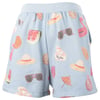 Light blue shorts with a summer-themed print featuring sunglasses, hats, watermelons, flamingos, beach umbrellas, and shells.