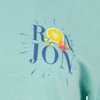 A mint shirt with a graphic design featuring the text RON JON and images of an orange slice, strawberry, and flowers.