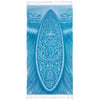 A blue beach towel featuring an illustrated surfboard with floral patterns and the text RON JON SURF SHOP in the center, with fringed edges on both ends.