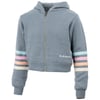 Gray zip-up hoodie with multicolored stripes on the sleeves and text on the left chest.