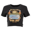 Black crop top featuring a colorful graphic with a sun, waves, and Ripcurl Ron Jon Surf Shop text.