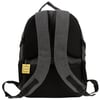 A gray backpack shown from the back, with padded shoulder straps and a yellow tag on the bottom labeled HIDDEN SECURITY POCKET.