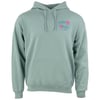 Light green hooded sweatshirt with a front pouch pocket and a small embroidered Ron Jon Surf Shop Ft. Myers logo in blue and pink on the upper left chest.