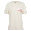 A plain cream short-sleeve T-shirt with a chest pocket featuring a small red and blue graphic and text.
