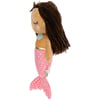 Stuffed mermaid doll with brown yarn hair, tan upper body, blue shell top, and pink polka dot tail, viewed from the side.