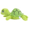 A green plush turtle toy with a hexagon-patterned shell and a slightly droopy, sleepy-looking expression.