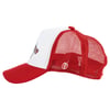 Red and white trucker hat with a mesh back and logo on the side.
