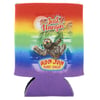 A colorful can holder with a sloth, palm tree, and sunset design, featuring the text Just Hangin and Ron Jon Surf Shop on a rainbow gradient background.