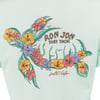 T-shirt with Ron Jon Surf Shop and salt life text, decorated with colorful yellow, orange, and purple flowers and green leaves that make up a sea turtle on a light background.