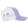 Blue and white trucker hat with a mesh back panel and a curved brim, shown from the side.