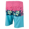 Colorful board shorts featuring a zipper pocket on the right side, a pink and blue floral pattern, and blue on the lower half.
