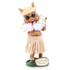 Figurine of a pig wearing sunglasses, a straw hat, a hula skirt, and a flower lei, standing on a base labeled Ron Jon Surf Shop.