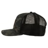 Camouflage-patterned baseball cap with a flat brim and black mesh back panel, viewed from the side.