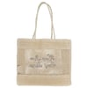 Beige macremed tote bag with two handles, featuring an open weave pattern.