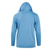 A light blue long-sleeve hooded shirt is shown from the back on a plain white background.