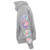 Grey hoodie with colorful surf-themed patches, including Ron Jon Surf Shop, a heart wave design, Under the Sun, and floral graphics on the left sleeve.