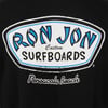 Logo for Ron Jon Surfboards with blue and white lettering on a black background, featuring Pensacola Beach underneath.