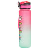 A gradient water bottle with a pink to green transition, featuring a flip-top lid and colorful text and signs on the side.