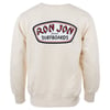 Back view of a beige sweatshirt with a large Ron Jon Surfboards logo in red and black on the upper back.