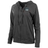 A dark gray zip-up hoodie with a drawstring hood and front pockets. Theres a small logo on the left chest area.