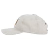 A beige baseball cap with a flat brim and an embroidered logo on the side.