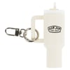 A cream-colored keychain shaped like a tumbler with a handle, featuring the Ron Jon Surf Shop logo and a metal keyring with a clasp.
