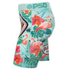 Men’s boxer briefs with a teal waistband, featuring a tropical floral and flamingo print in red, green, and pink tones.