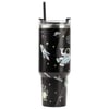 Black tumbler with a clear lid and straw, decorated with cartoon astronauts, rockets, stars, aliens, and UFOs in pastel colors.