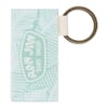 A rectangular fabric keychain with a green abstract pattern, featuring a white loop and a large brass keyring attached on the right side.