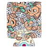 Colorful can cooler featuring orange slices, skulls, flowers, and Ron Jon Surf Shop logos on a patterned background.
