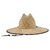 Straw hat with a wide brim, featuring a woven pattern and a black band with a bead on a chin cord.