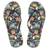Flip-flops with a tropical print featuring toucans, hibiscus flowers, and green leaves.