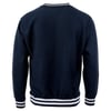 Navy blue long-sleeve sweatshirt with white striped cuffs and collar, shown from the back.