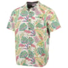 A short-sleeve button-up shirt with a tropical leaf pattern in green, purple, and yellow on a light background.