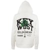 Back view of a white hoodie featuring a palm tree graphic and bold text reading Key West Ron Jon Surf Shop with additional surf-themed details.