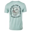 A light blue T-shirt featuring a snake coiled around a guitar with the text Provisions for Paradise and Rin Jon x Jetty on the back.