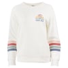 White sweater with two palm trees against a striped sunset background in pastel colors, above the text RON JON on the front. Sleeves have multicolored stripes near the cuffs.