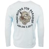 A light blue long-sleeve shirt featuring a graphic of a snake with a guitar surrounded by the text Provisions for Paradise and Ron Jon x Jetty.